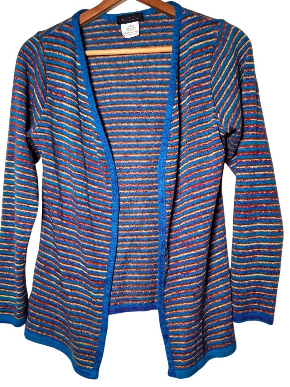 Cecilia Cardigan Sweater Large Blue Turquoise Stripe Open Front Lightweight